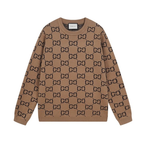 Gucci Men's Camel & Black GG Wool Jacquard Crewneck Sweater